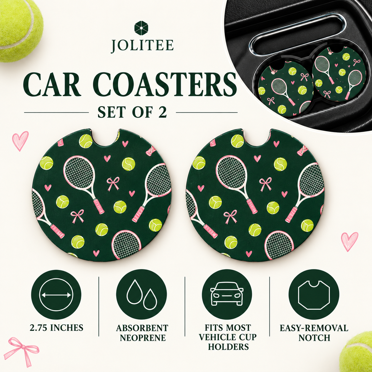 Jolitee Tennis Car Coasters, Absorbent Neoprene Cup Holder