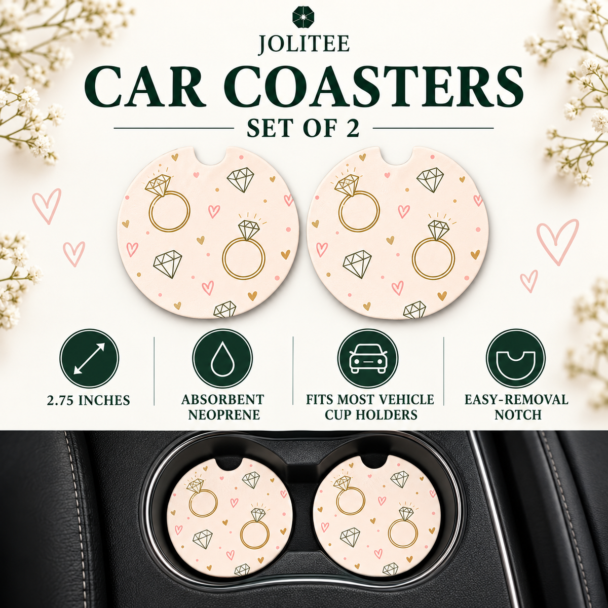 Jolitee Wedding Car Coasters, Absorbent Neoprene Cup Holder