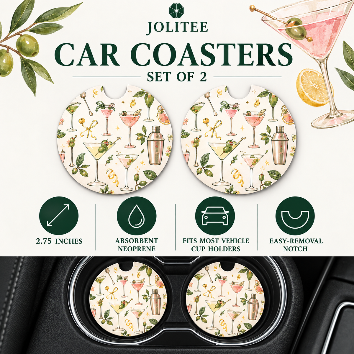 Jolitee Cocktail Car Coasters, Absorbent Neoprene Cup Holder