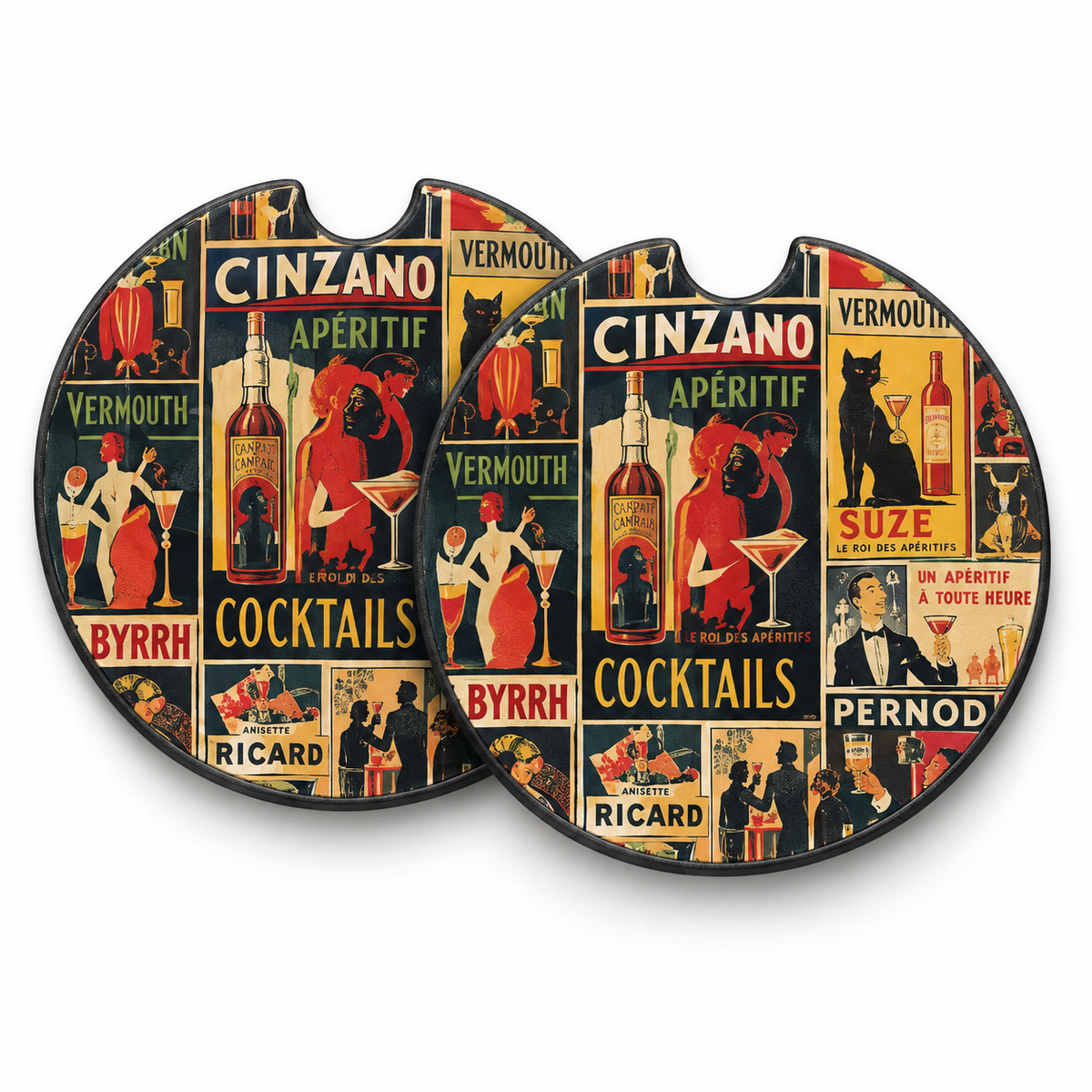 Jolitee Vintage Ad Art Car Coasters, Absorbent Neoprene Cup Holder