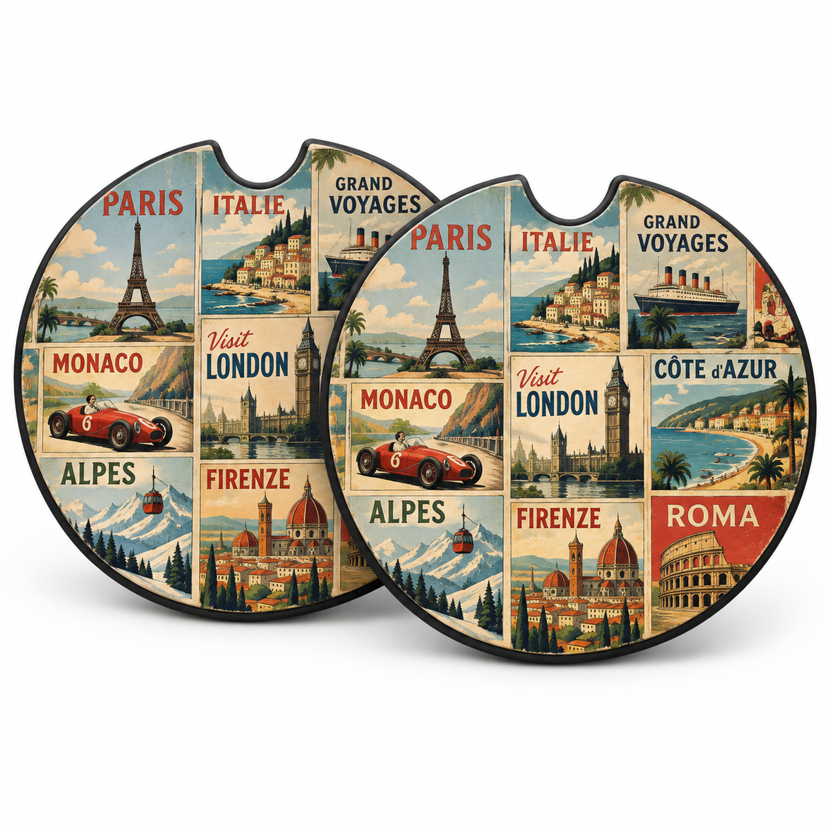Jolitee Vintage Ad Art Car Coasters, Absorbent Neoprene Cup Holder