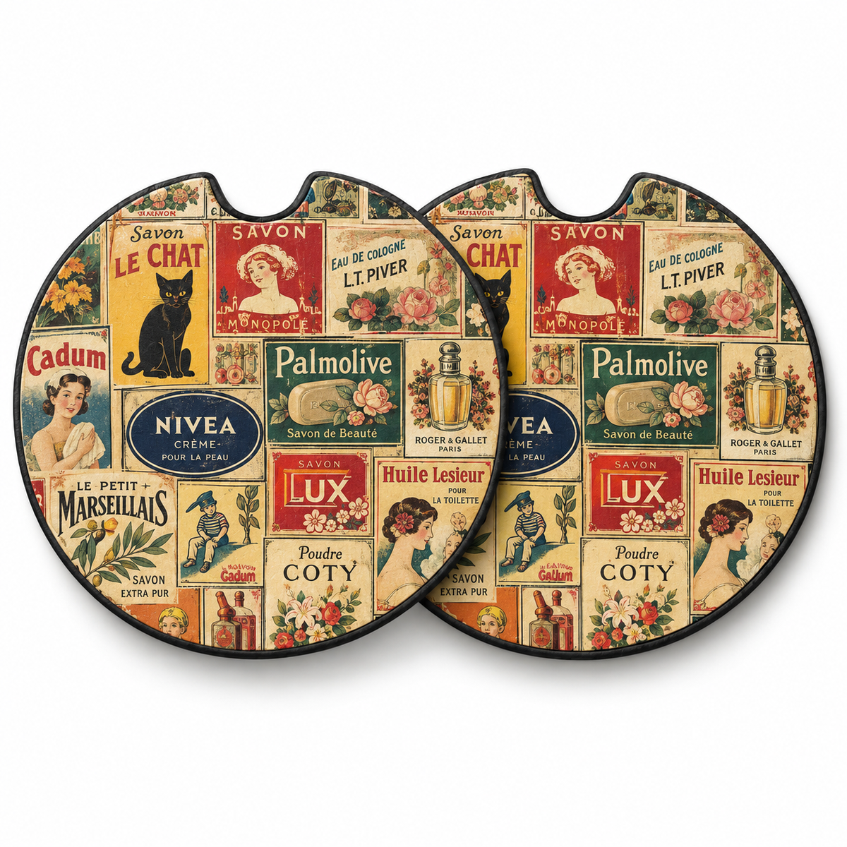 Jolitee Vintage Ad Art Car Coasters, Absorbent Neoprene Cup Holder
