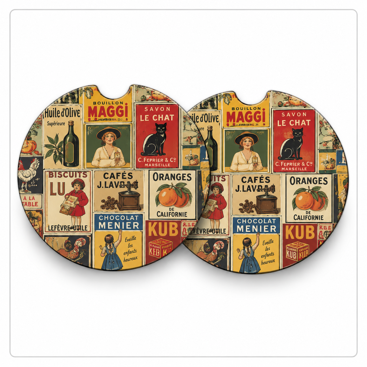 Jolitee Vintage Ad Art Car Coasters, Absorbent Neoprene Cup Holder