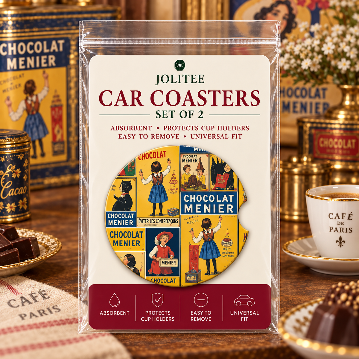 Jolitee Vintage Ad Art Car Coasters, Absorbent Neoprene Cup Holder
