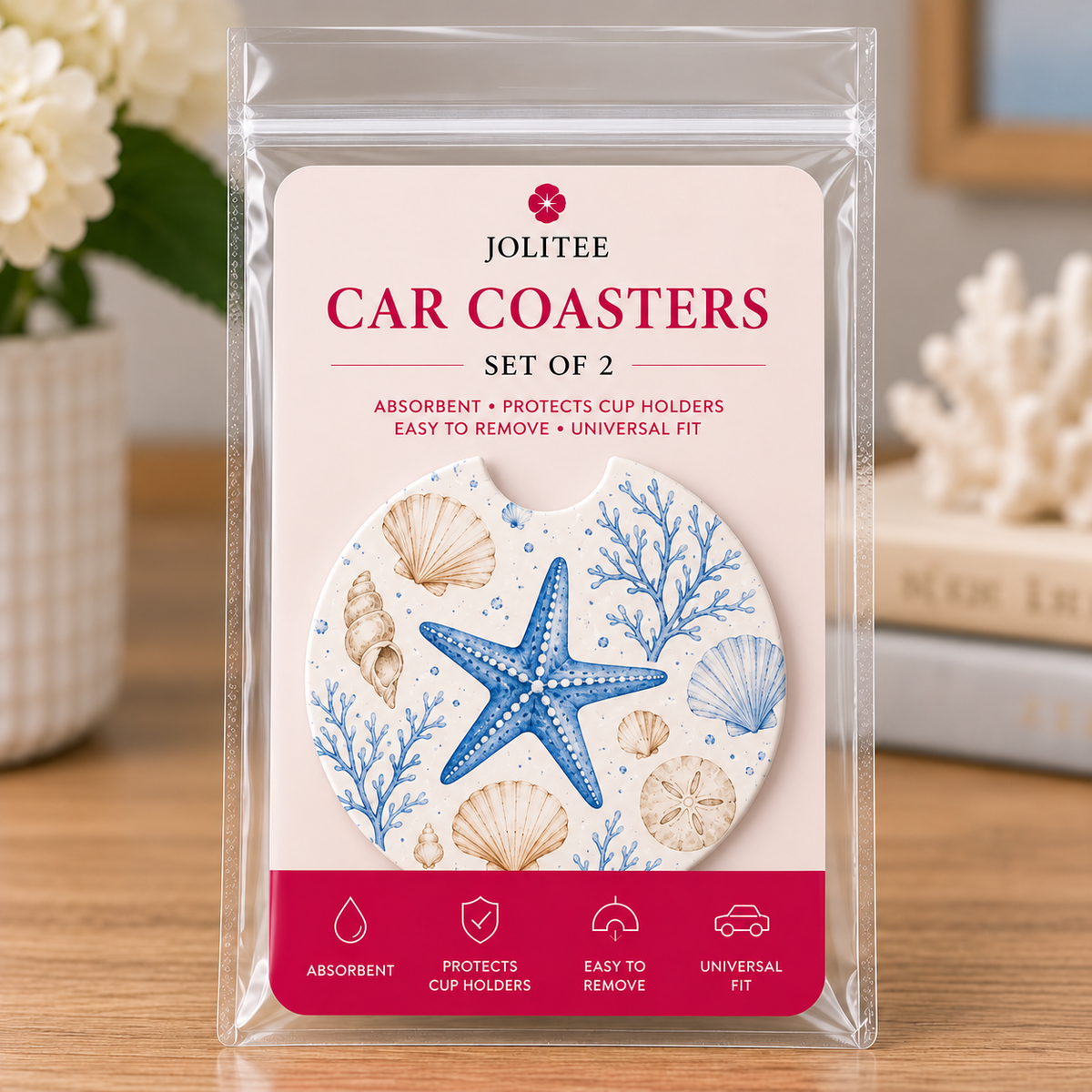 Jolitee Coastal Car Coasters, Absorbent Neoprene Cup Holder