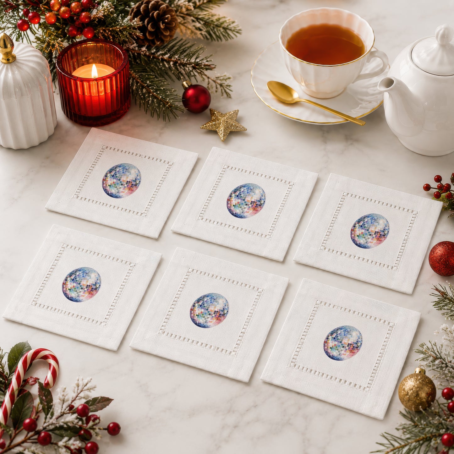 New Year Disco Ball Hemstitch Napkins