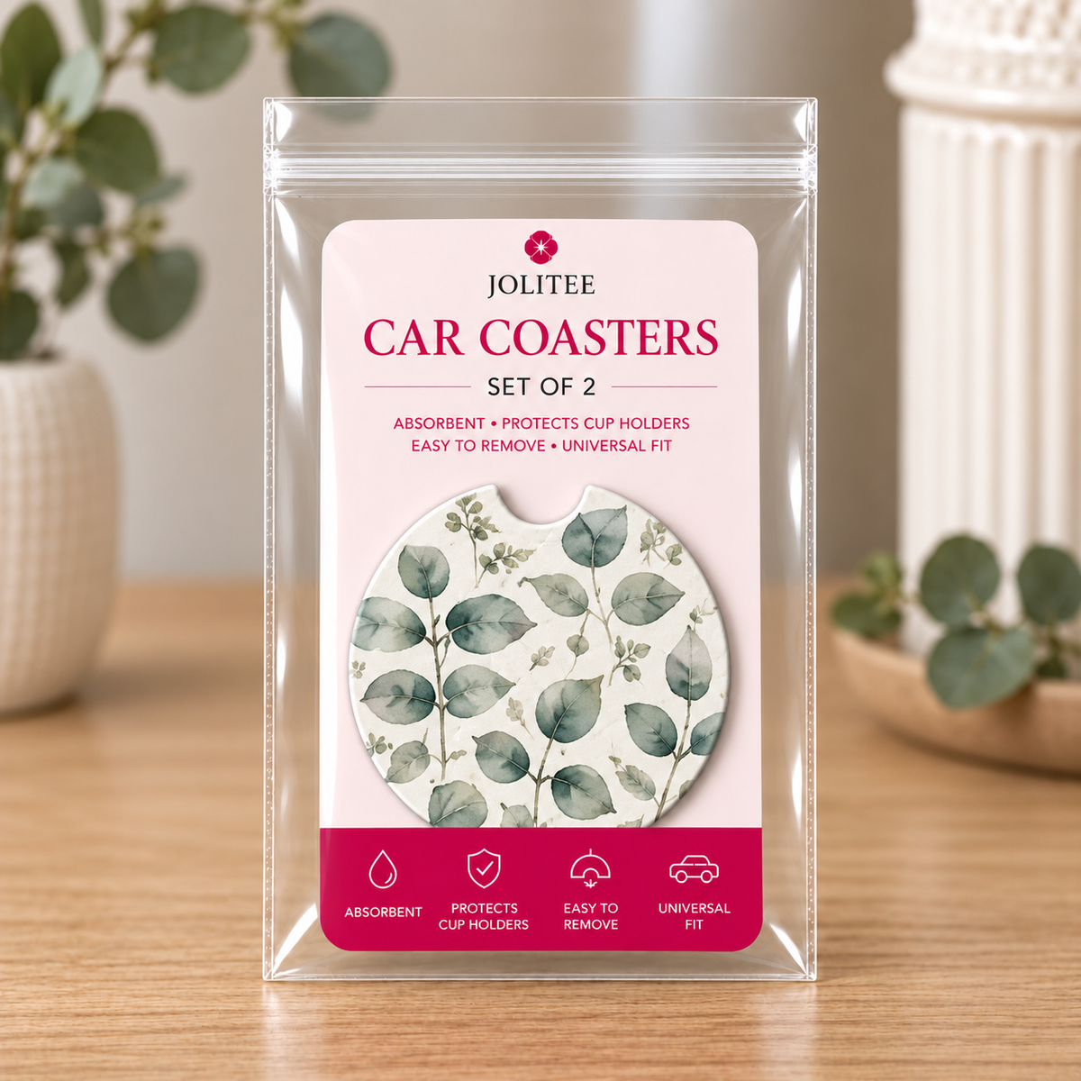 Jolitee Garden Florals Car Coasters, Absorbent Neoprene Cup Holder Inserts, Set of 2
