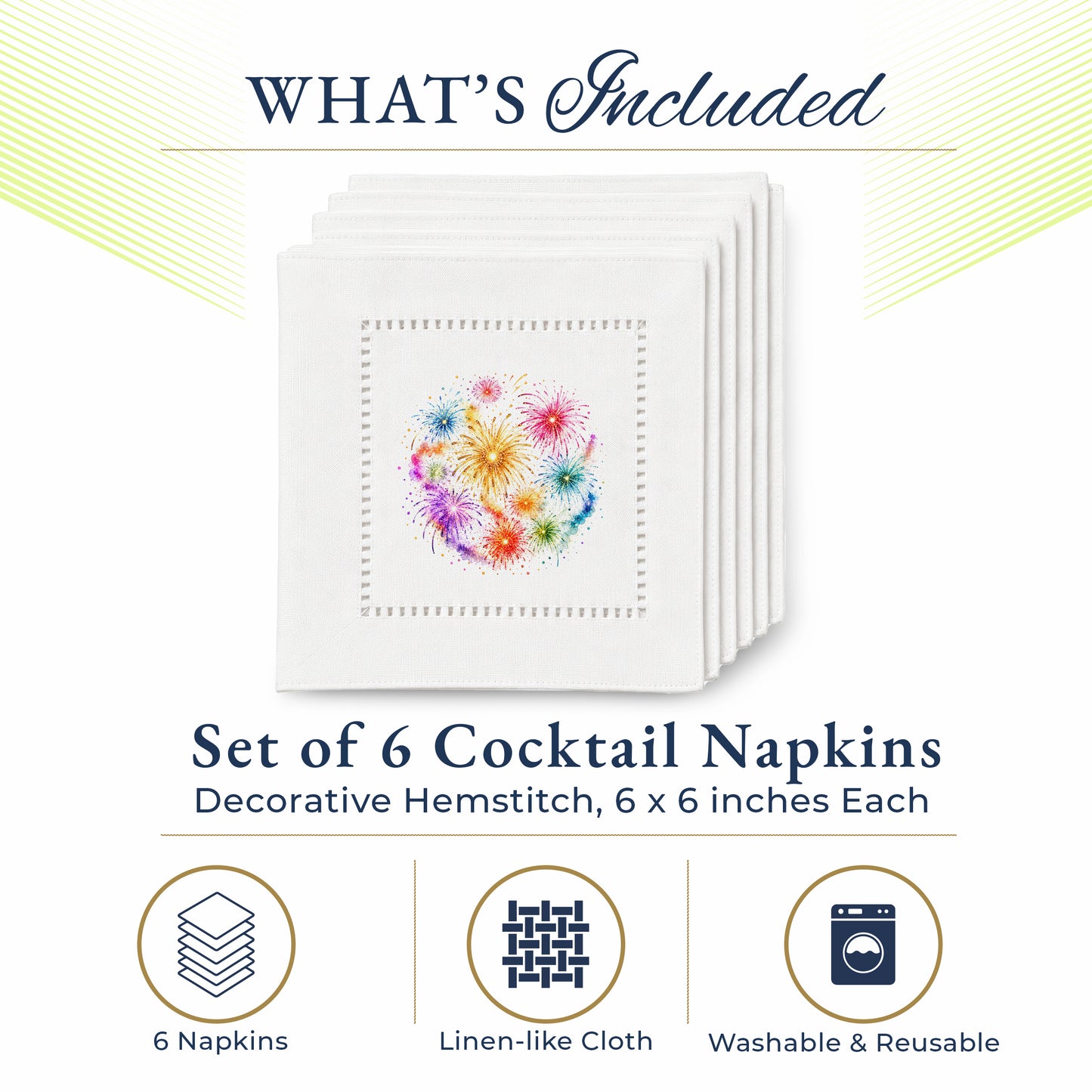 New Year Fireworks Hemstich Napkins