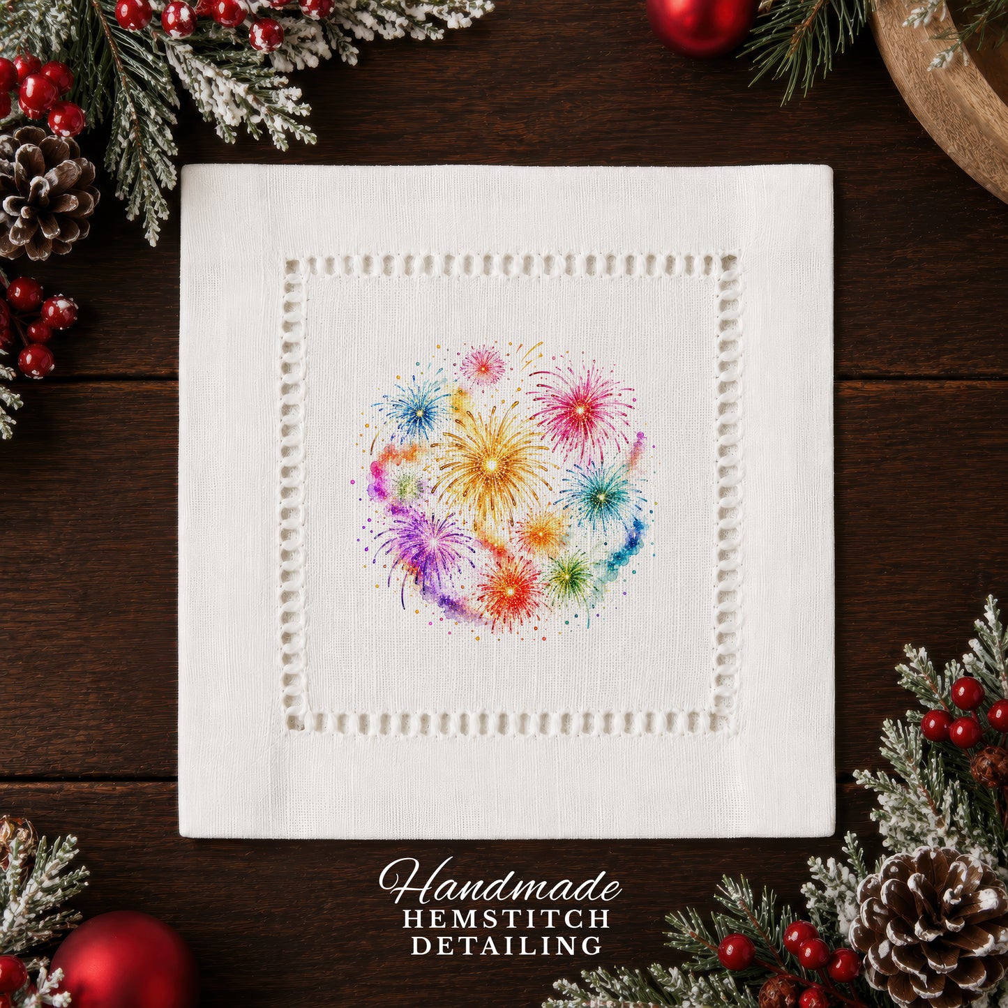 New Year Fireworks Hemstich Napkins