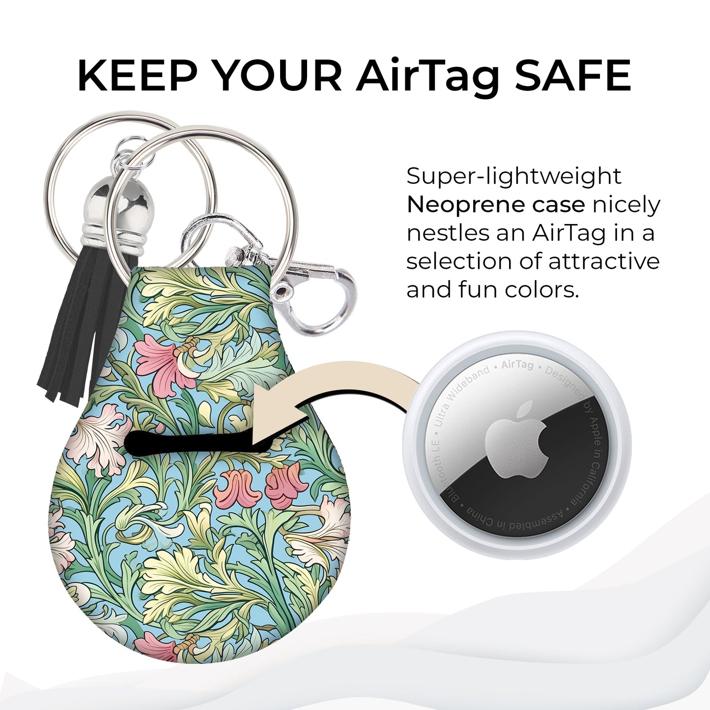 Jolitee Neoprene AirTag Compatible Case Keychain – Durable & Stylish Holder with Secure Ring and Clip, Compatible with Apple AirTag (Floral Vintage)