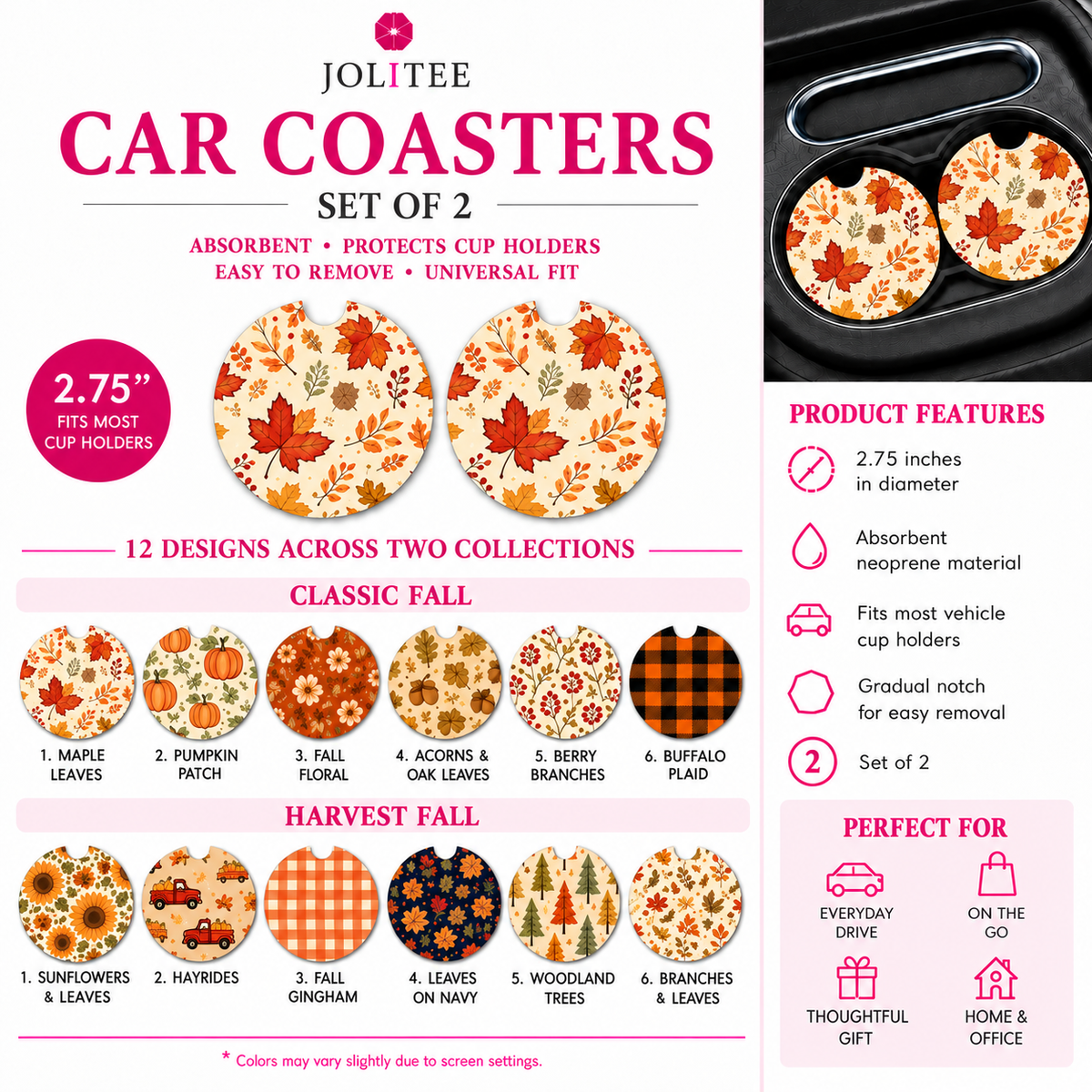 Jolitee Harvest Fall Car Coasters, Absorbent Neoprene Cup Holder Inserts, Set of 2