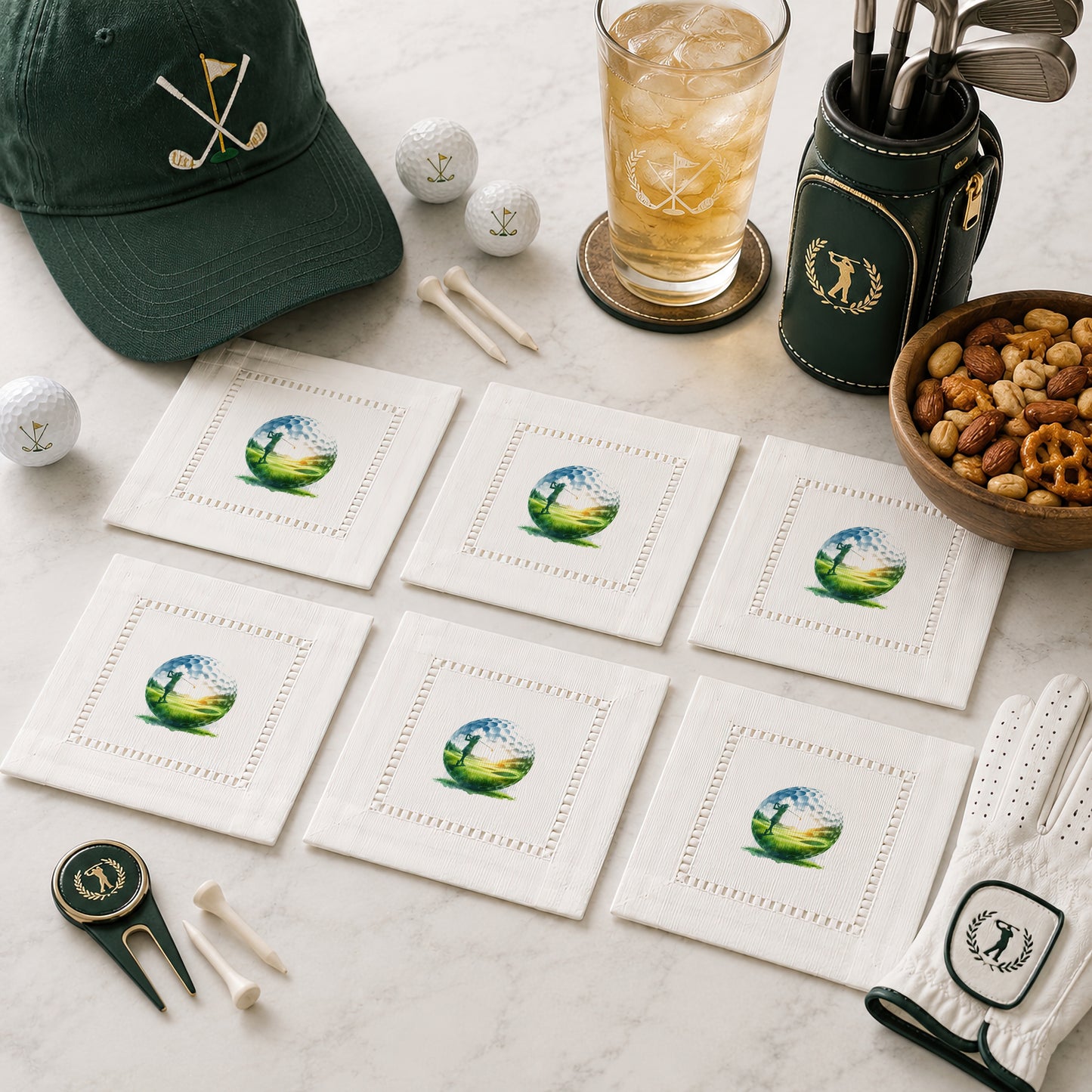 Golf Ball Silhoute Hemstitch Napkins