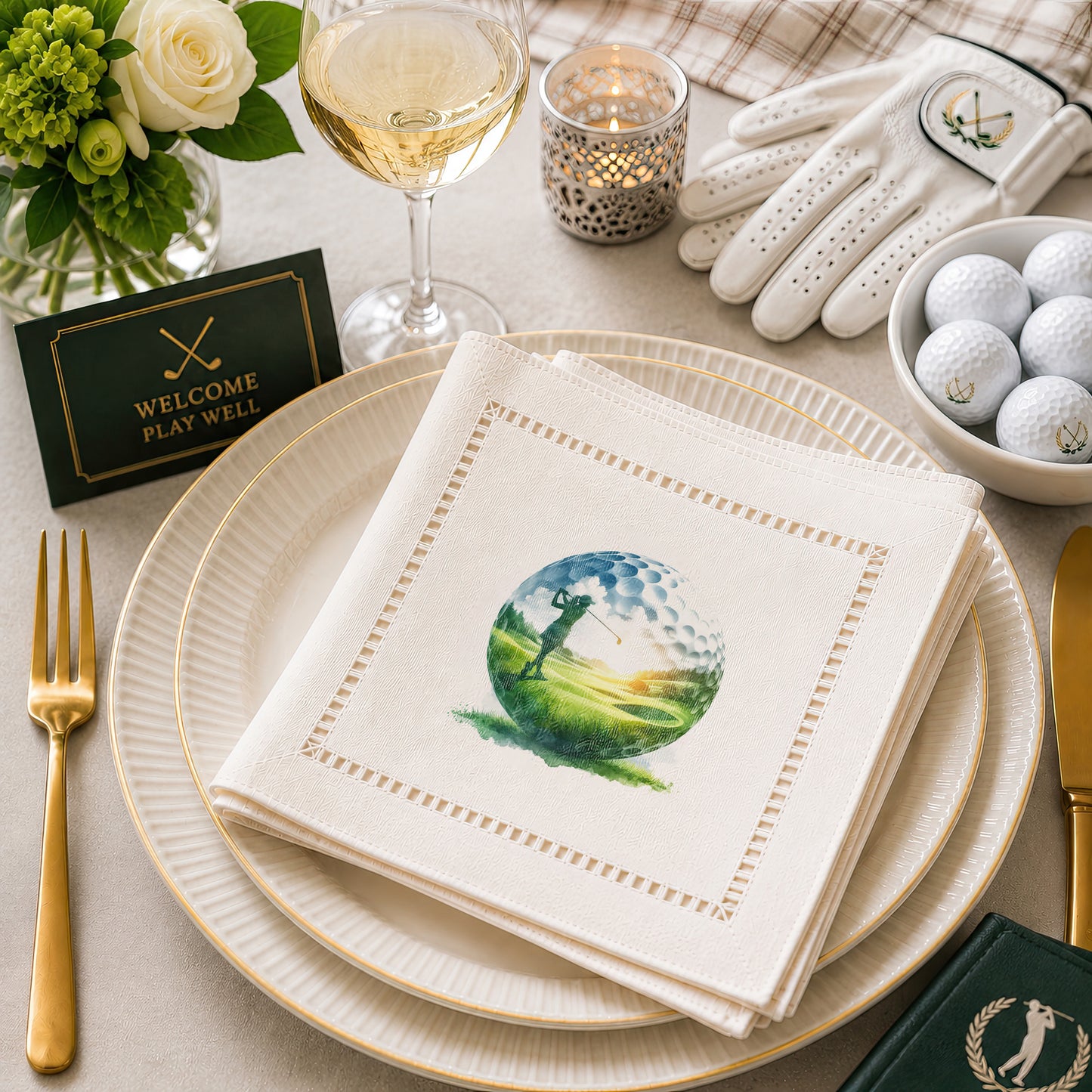Golf Ball Silhoute Hemstitch Napkins