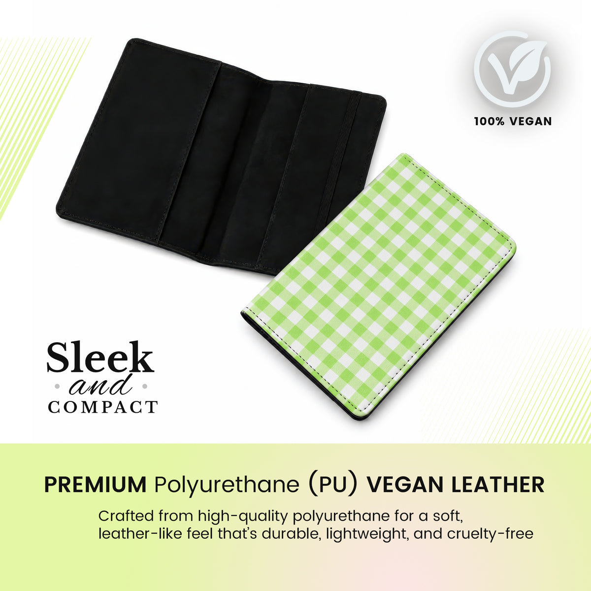 Jolitee Passport Holder, PU Vegan Leather, Green Checked, Black Back