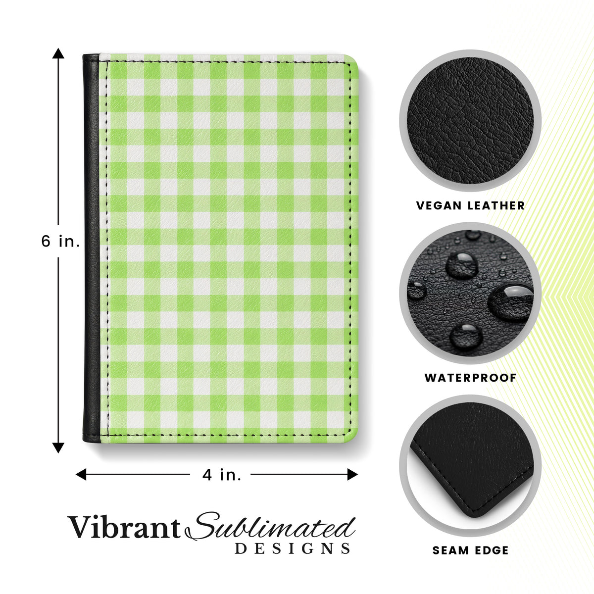 Jolitee Passport Holder, PU Vegan Leather, Green Checked, Black Back