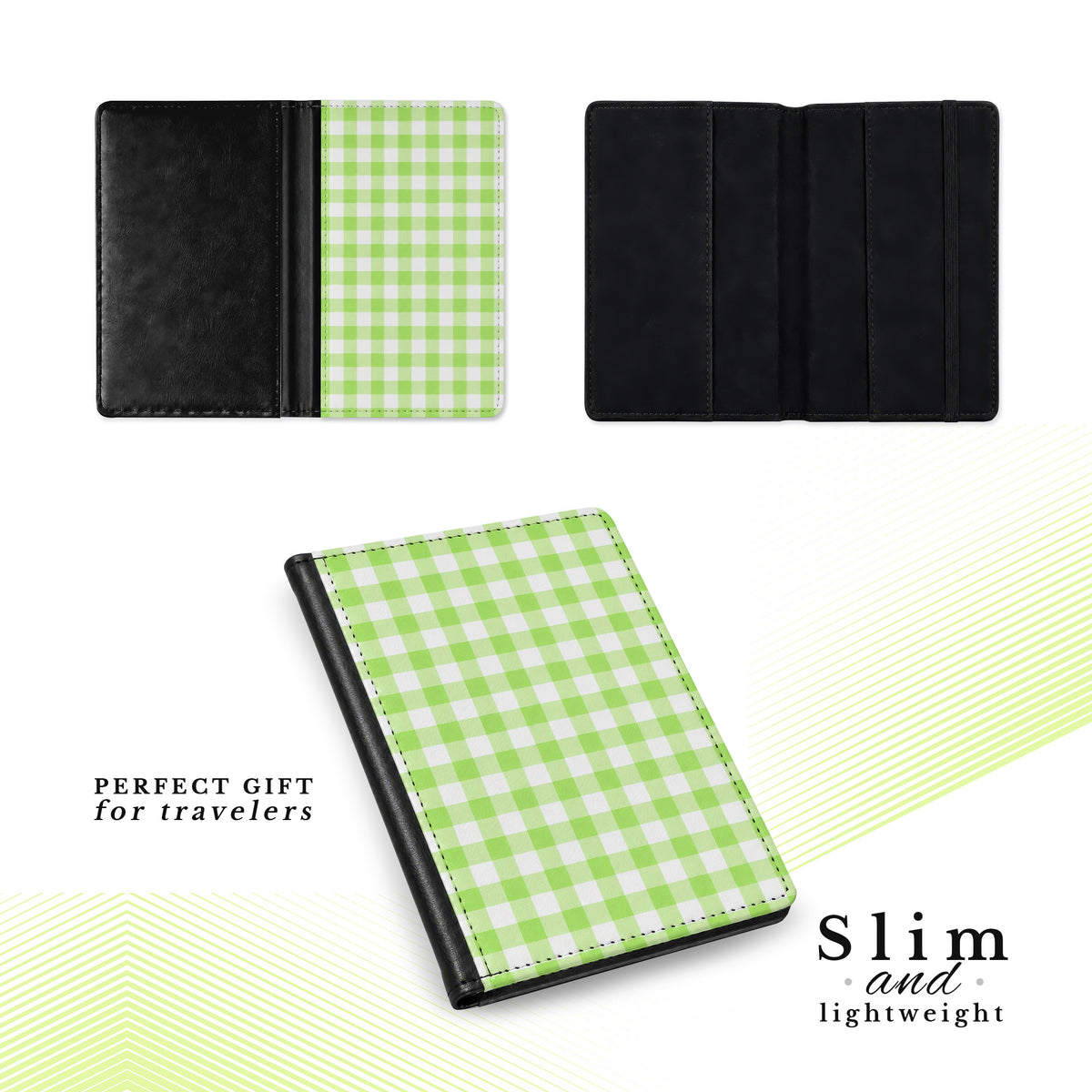 Jolitee Passport Holder, PU Vegan Leather, Green Checked, Black Back