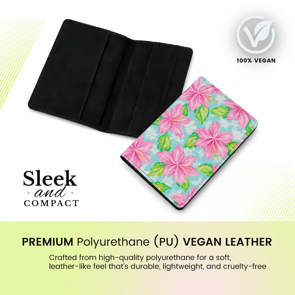 Jolitee Passport Holder, PU Vegan Leather, Green Floral, Black Back