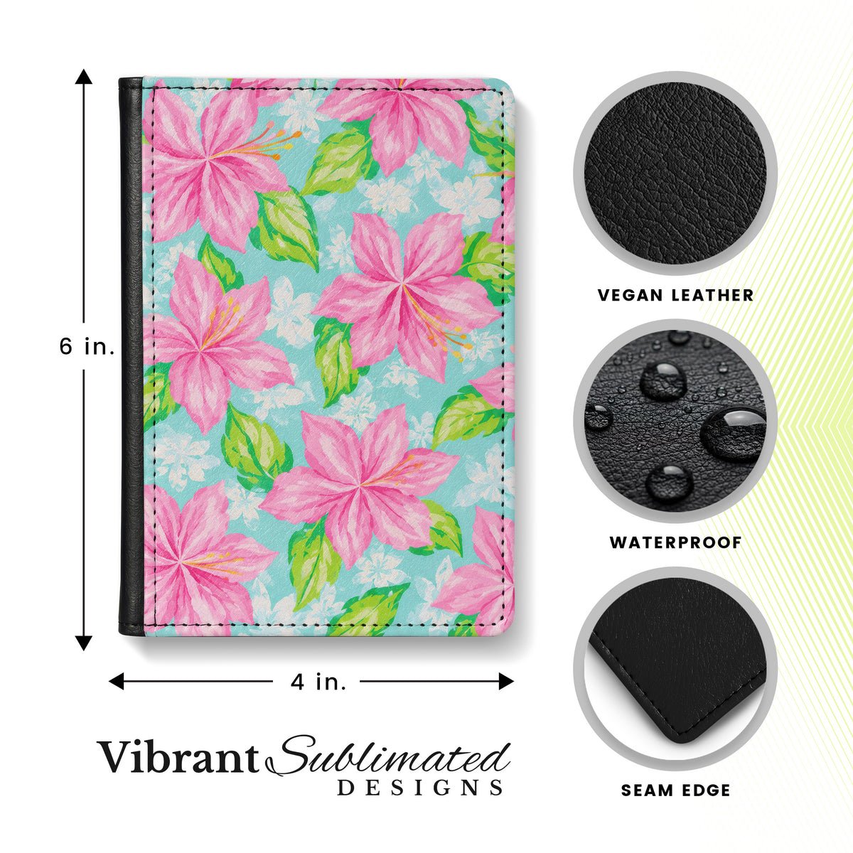 Jolitee Passport Holder, PU Vegan Leather, Green Floral, Black Back