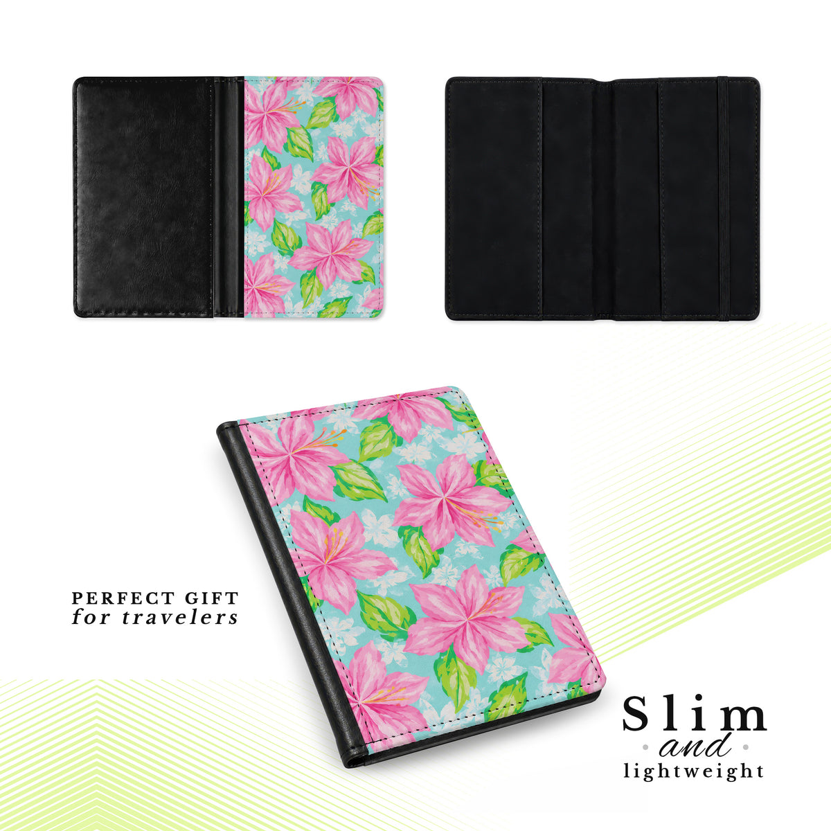 Jolitee Passport Holder, PU Vegan Leather, Green Floral, Black Back