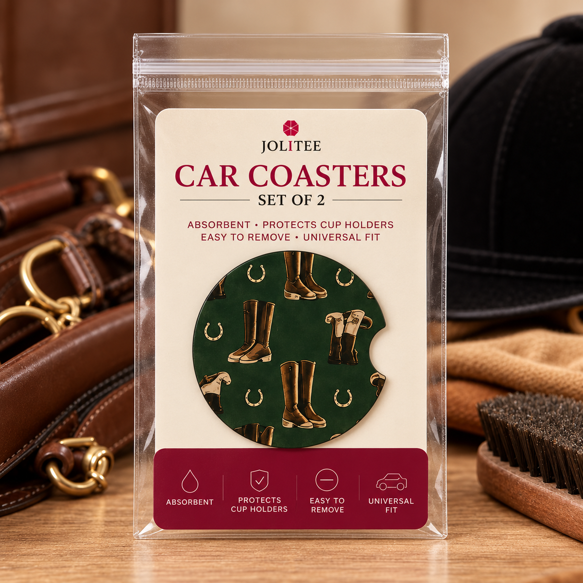 Jolitee Equestrian Car Coasters, Absorbent Neoprene Cup Holder