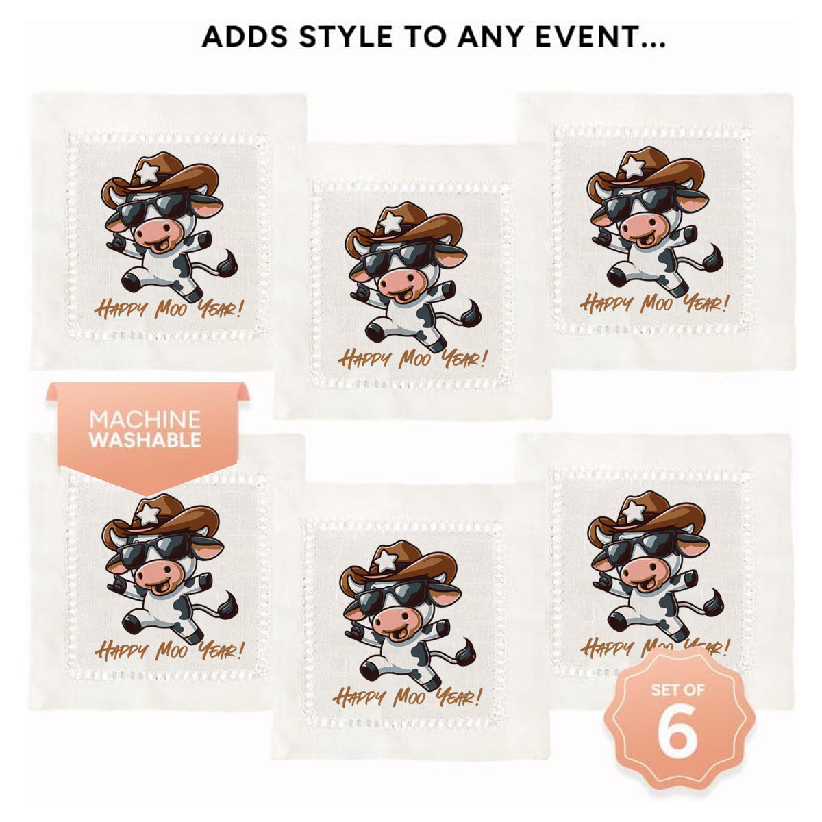 Happy Moo Year Hemstitch Napkins