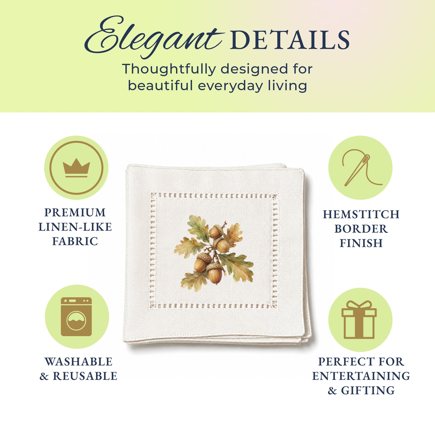 Harvest Table Acorns Hemstitch Napkins