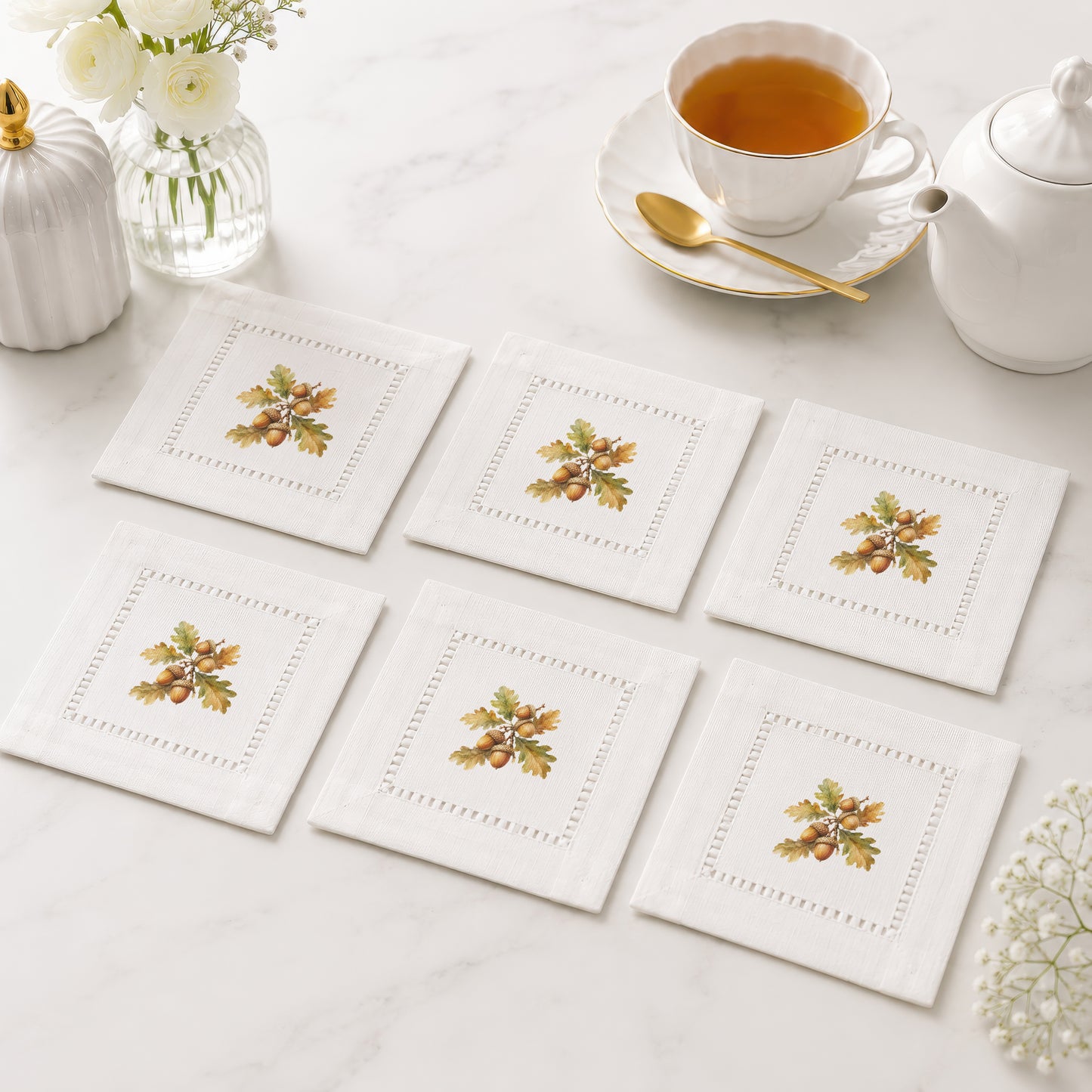 Harvest Table Acorns Hemstitch Napkins