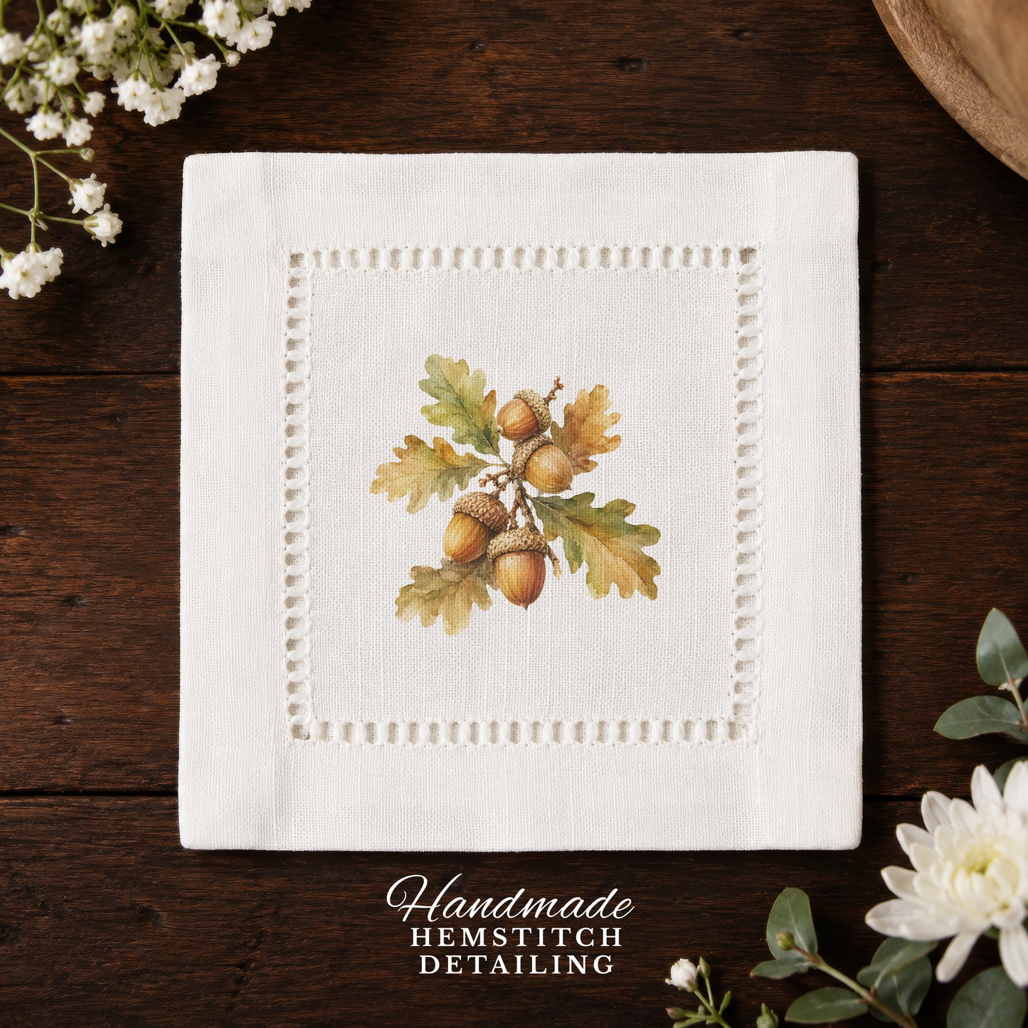 Harvest Table Acorns Hemstitch Napkins