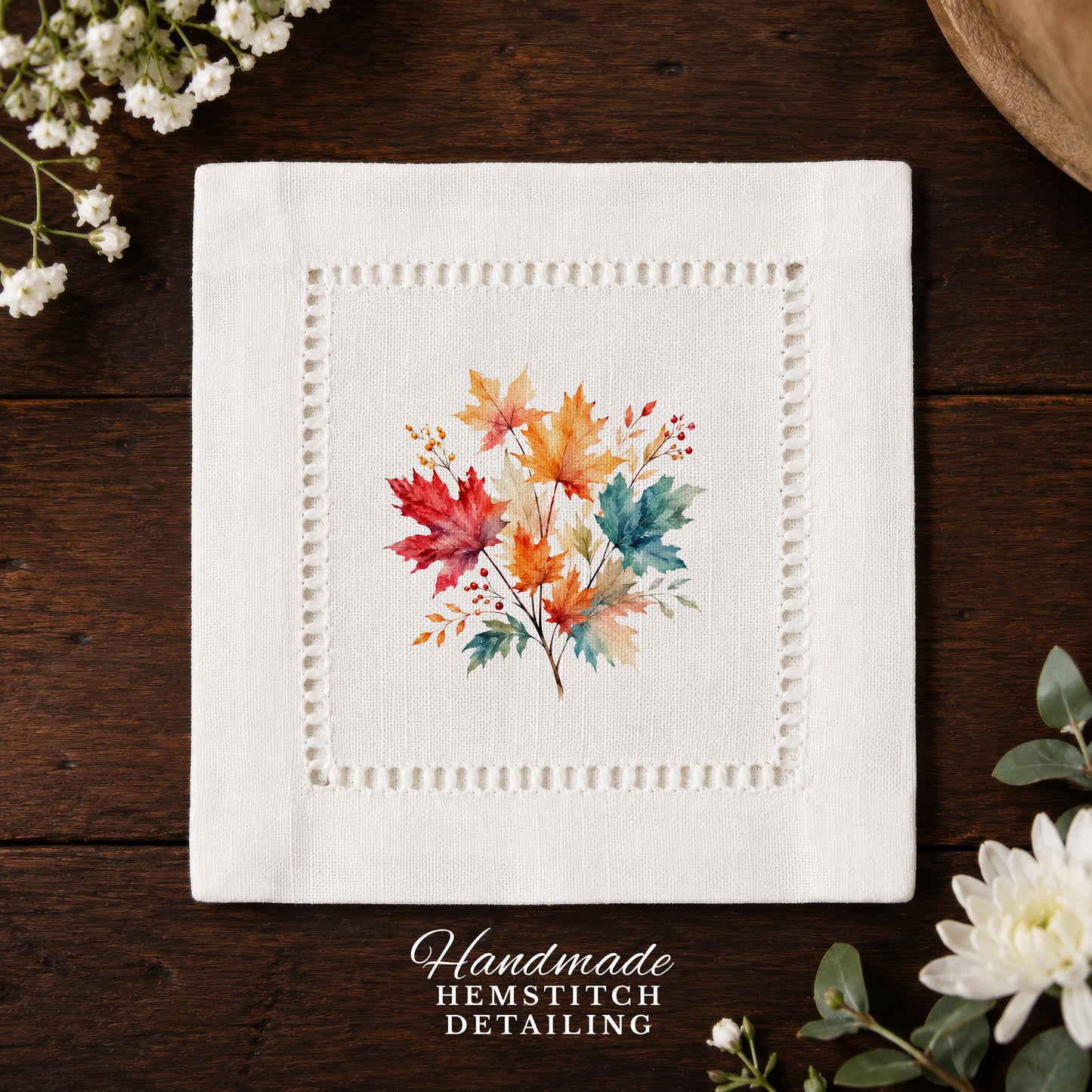 Harvest Table Leaves Hemstitch Napkiins