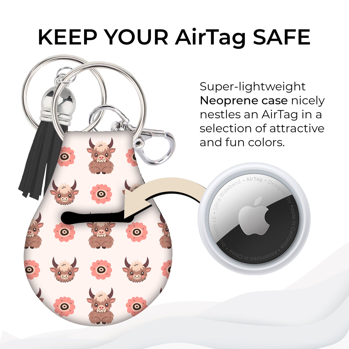 Jolitee Neoprene AirTag Compatible Case Keychain – Durable & Stylish Holder with Secure Ring and Clip, Compatible with Apple AirTag (Highland Cows)