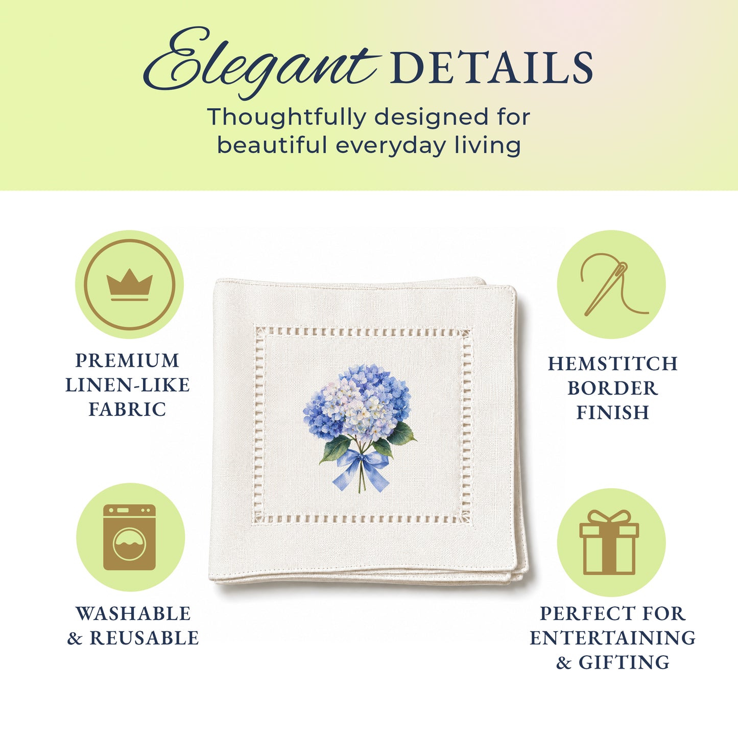 Garden Hydrangea Bouquet Hemstitch Napkins