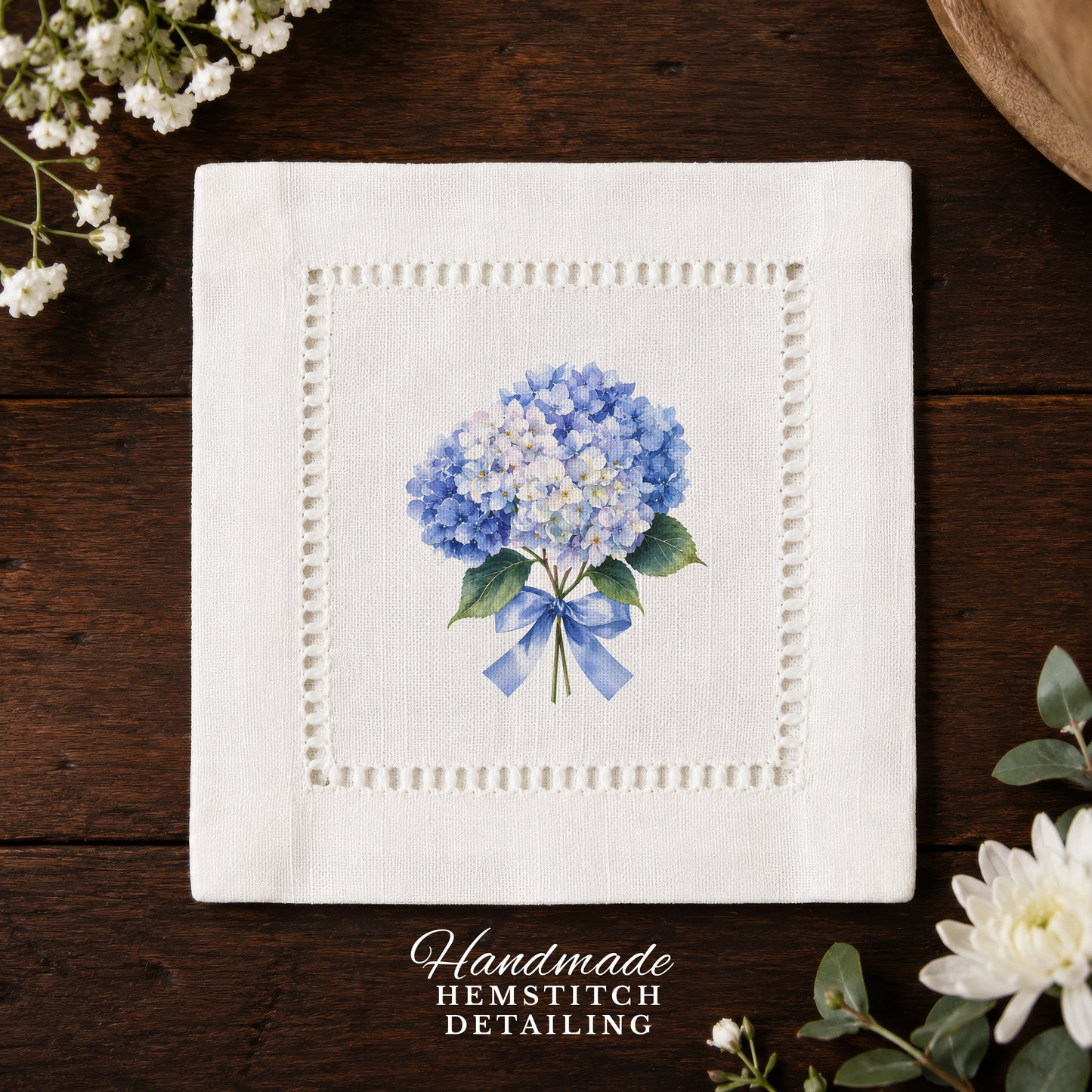 Garden Hydrangea Bouquet Hemstitch Napkins