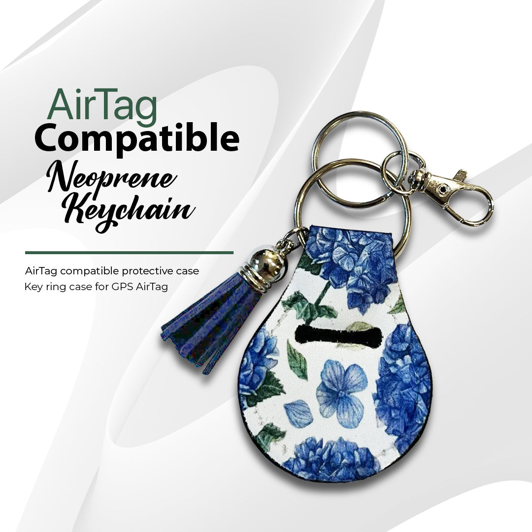 Jolitee Neoprene AirTag Compatible Case Keychain – Durable & Stylish Holder with Secure Ring and Clip, Compatible with Apple AirTag (Hydrangea Blue Floral)