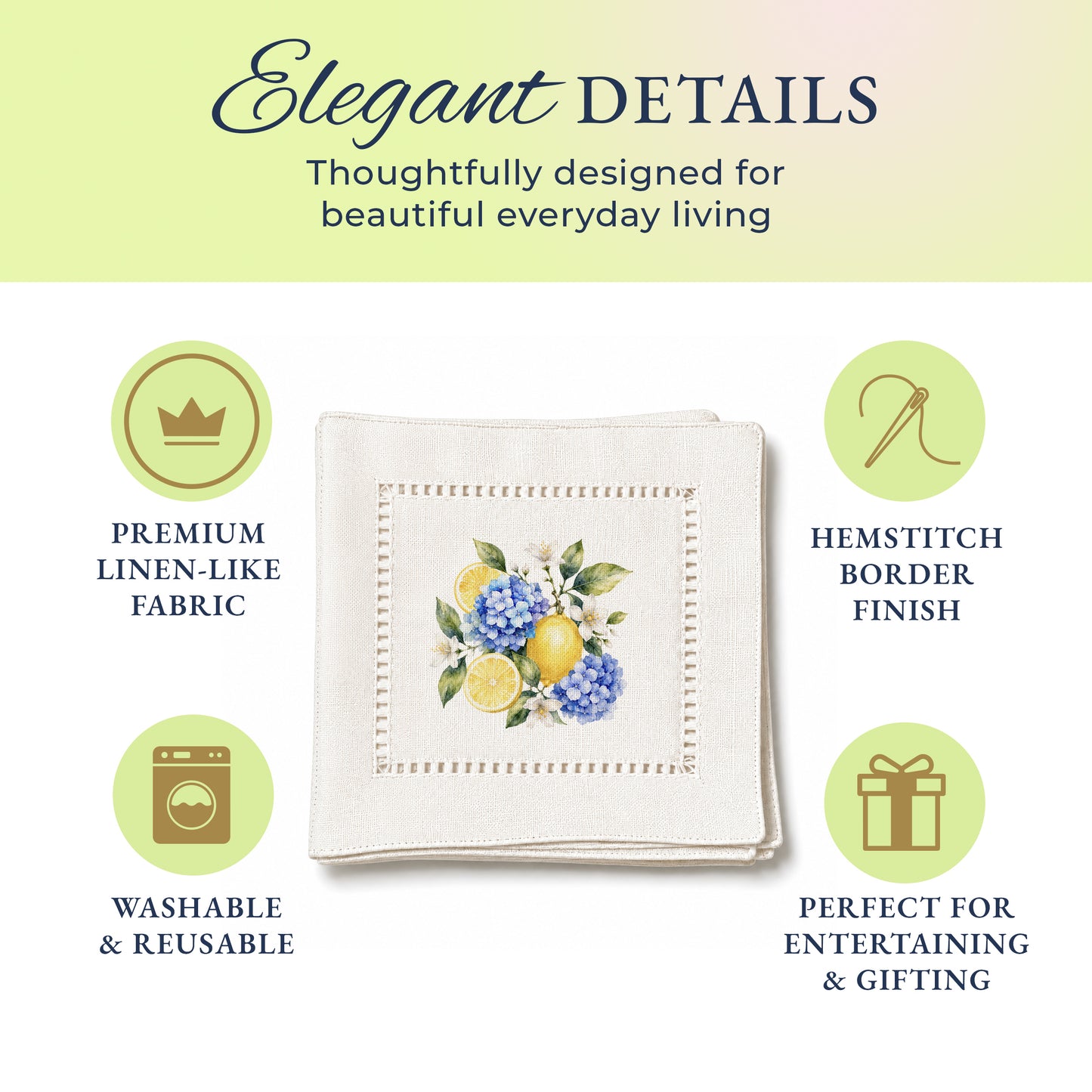 Garden Hydrangea Lemons Hemstitch Napkins