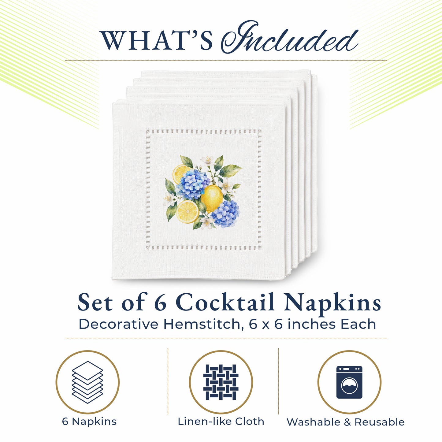 Garden Hydrangea Lemons Hemstitch Napkins