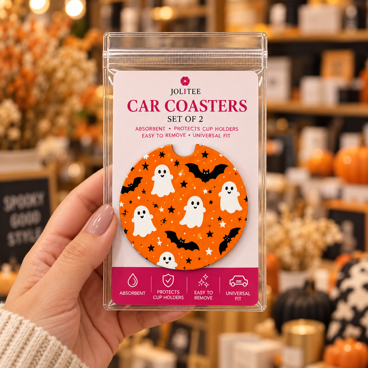 Jolitee Classic Halloween Car Coasters, Absorbent Neoprene Cup Holder Inserts, Set of 2