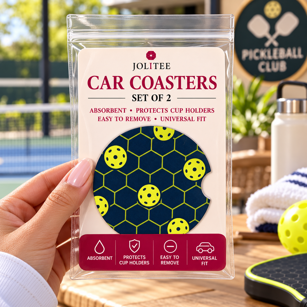 Jolitee Playful Pickleball Car Coasters, Absorbent Neoprene Cup Holder Inserts, Set of 2