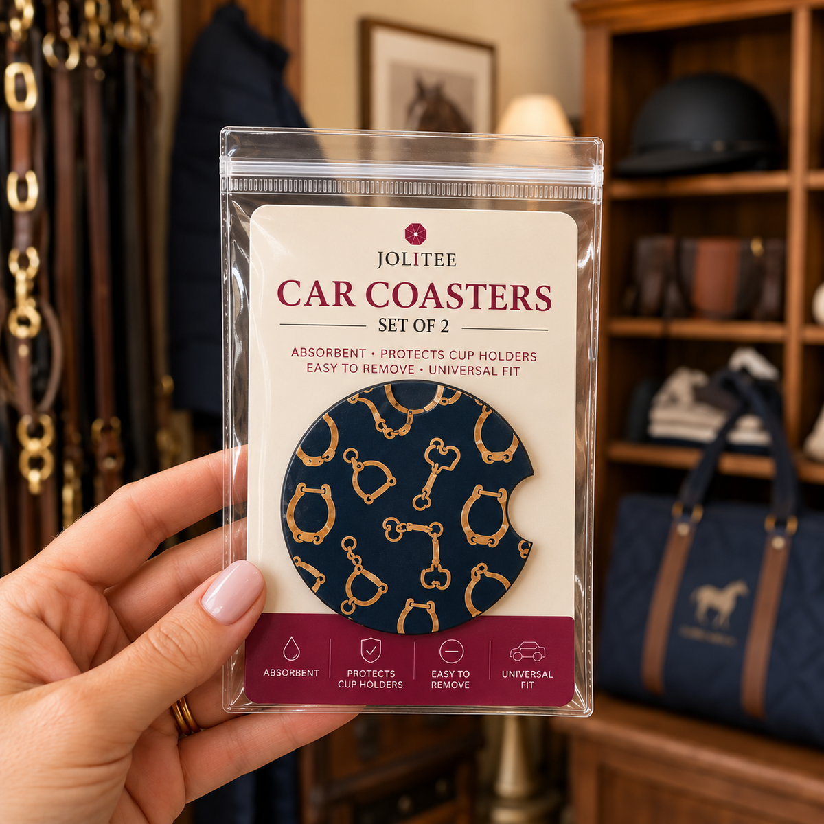 Jolitee Equestrian Car Coasters, Absorbent Neoprene Cup Holder