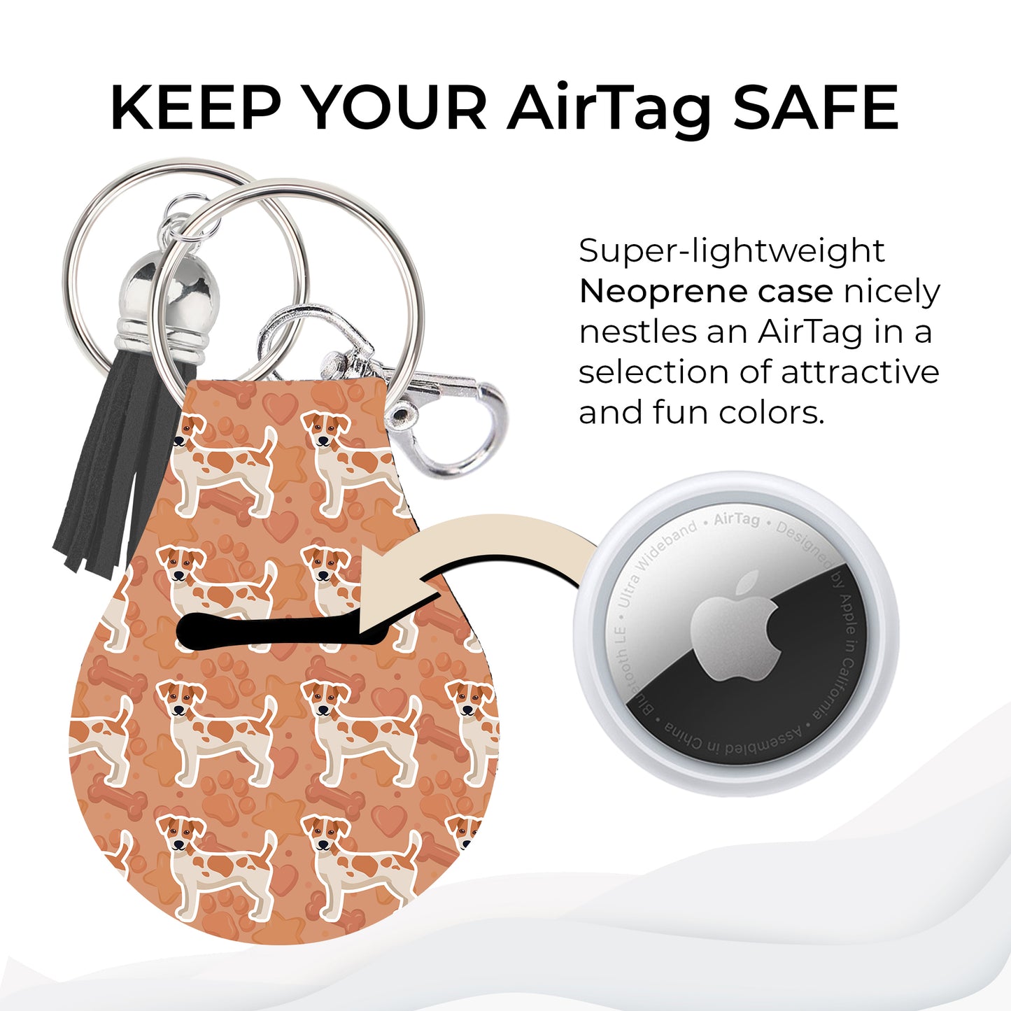 Jolitee Neoprene AirTag Compatible Case Keychain – Durable & Stylish Holder with Secure Ring and Clip, Compatible with Apple AirTag (Jack Russel Terrier)