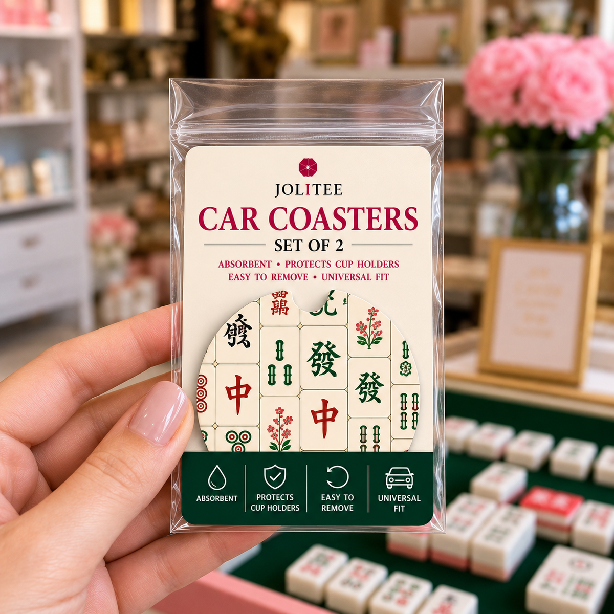 Jolitee Mahjong Car Coasters, Absorbent Neoprene Cup Holder