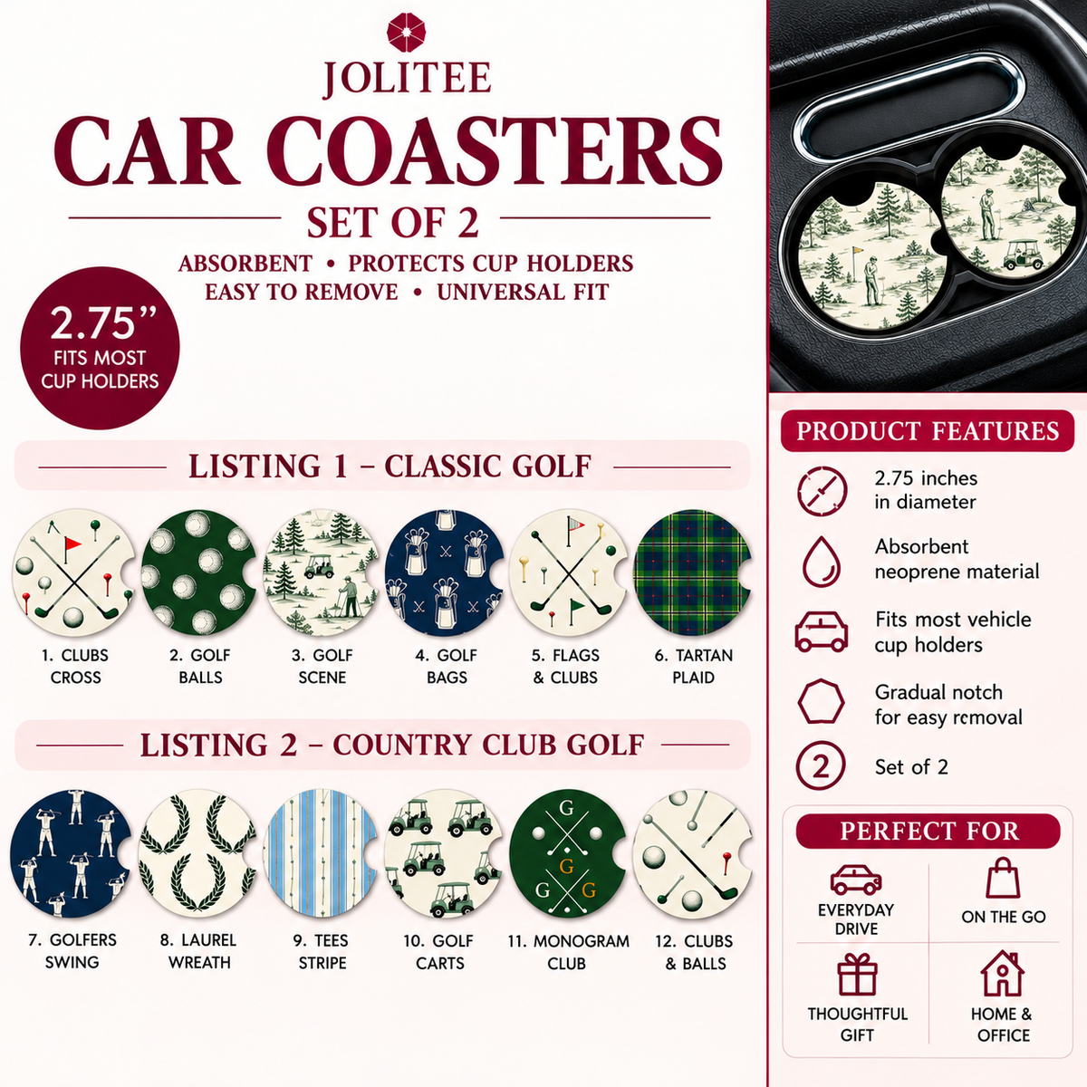 Jolitee Country Club Golf Car Coasters, Absorbent Neoprene Cup Holder Inserts, Set of 2