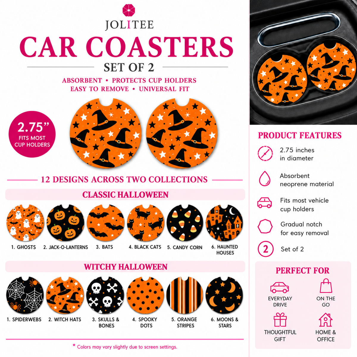 Jolitee Classic Halloween Car Coasters, Absorbent Neoprene Cup Holder Inserts, Set of 2