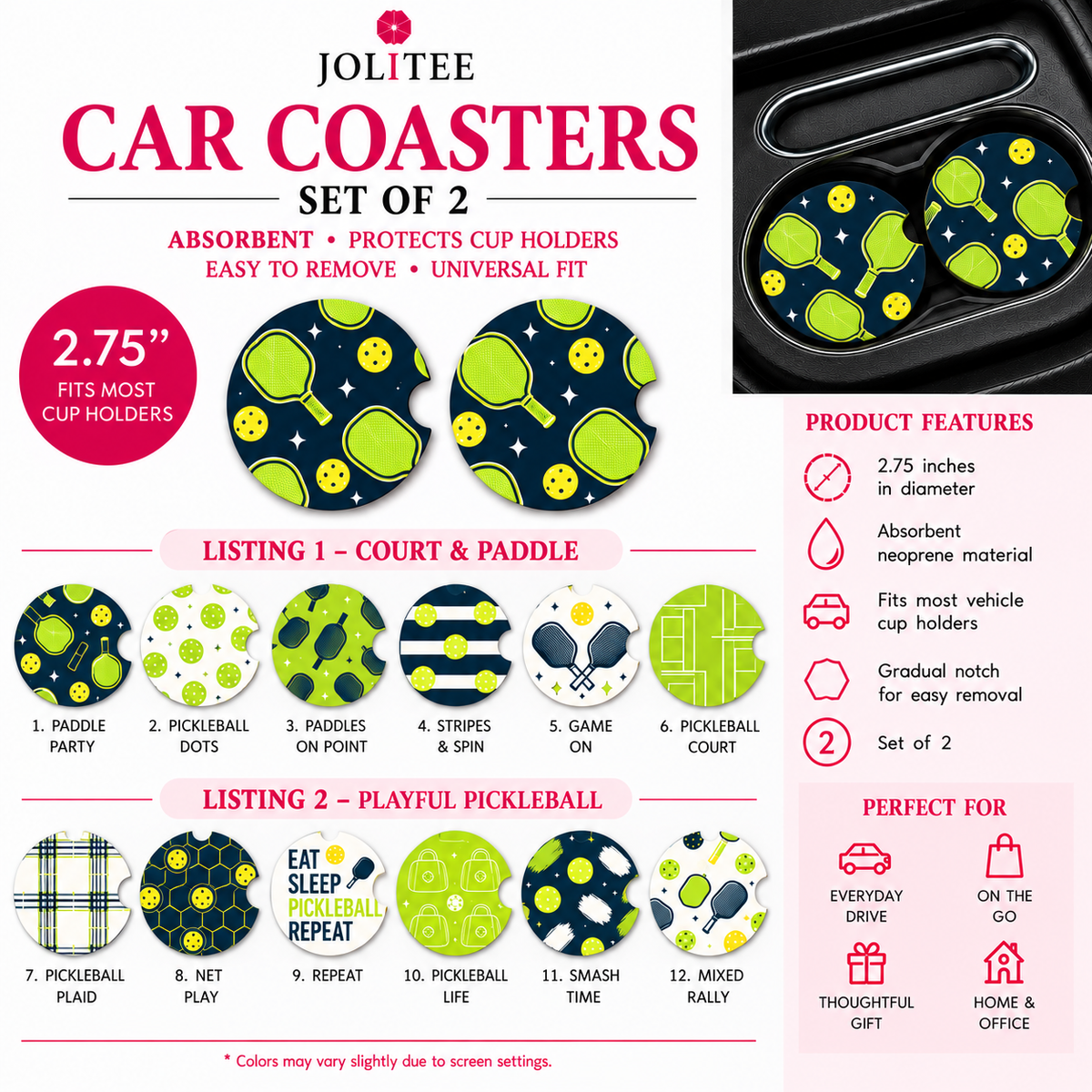 Jolitee Playful Pickleball Car Coasters, Absorbent Neoprene Cup Holder Inserts, Set of 2