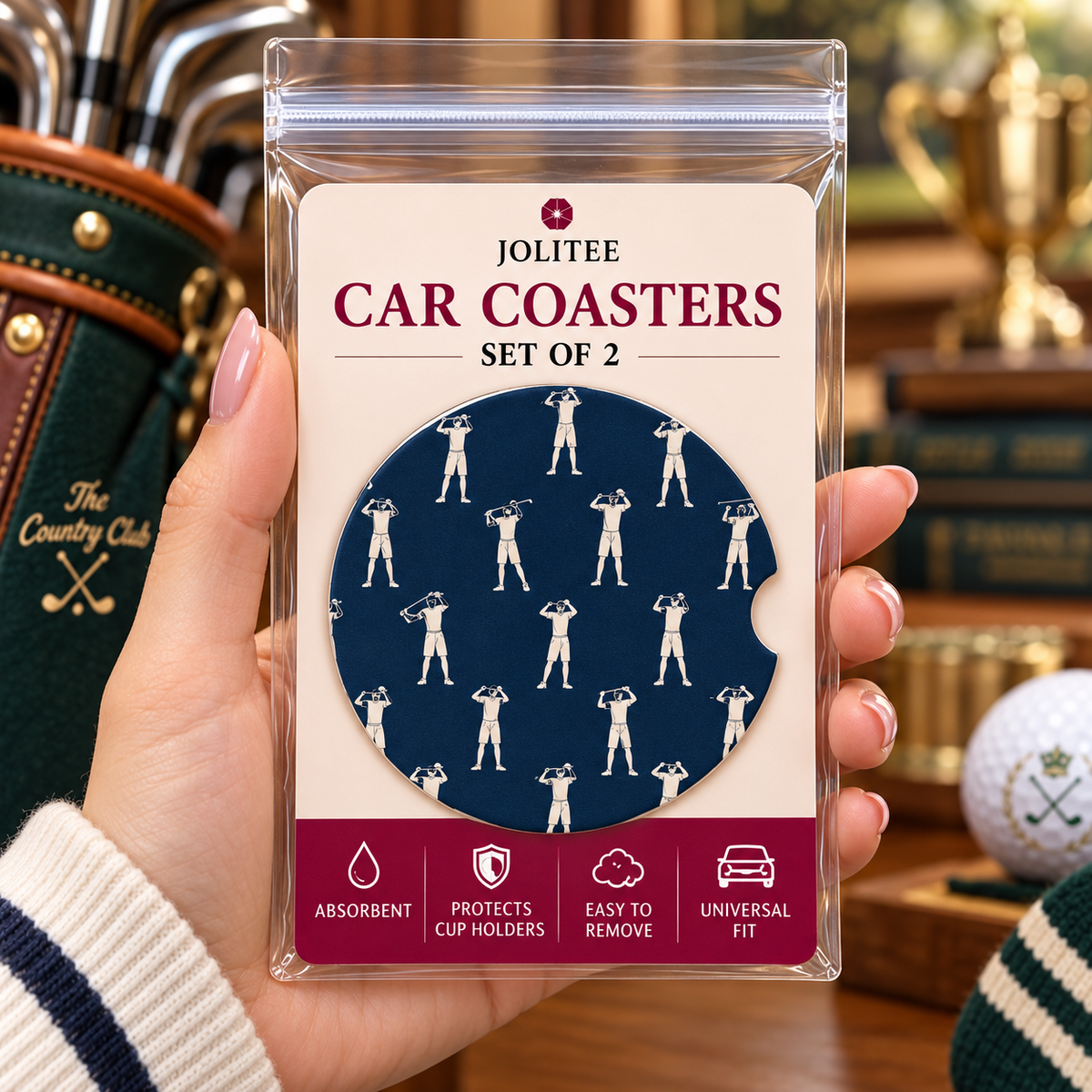 Jolitee Country Club Golf Car Coasters, Absorbent Neoprene Cup Holder Inserts, Set of 2