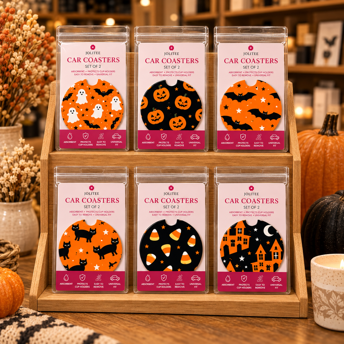 Jolitee Classic Halloween Car Coasters, Absorbent Neoprene Cup Holder Inserts, Set of 2
