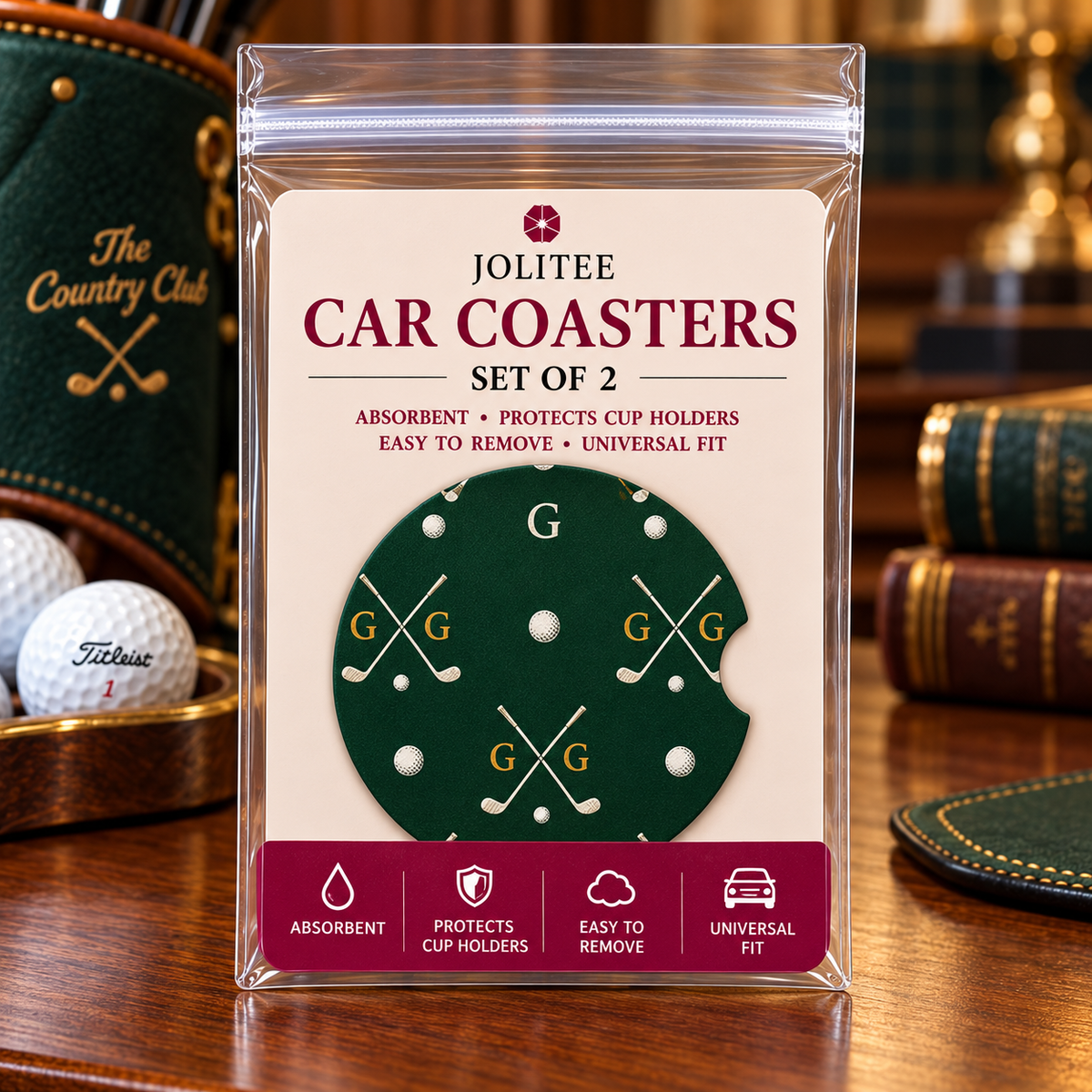 Jolitee Country Club Golf Car Coasters, Absorbent Neoprene Cup Holder Inserts, Set of 2
