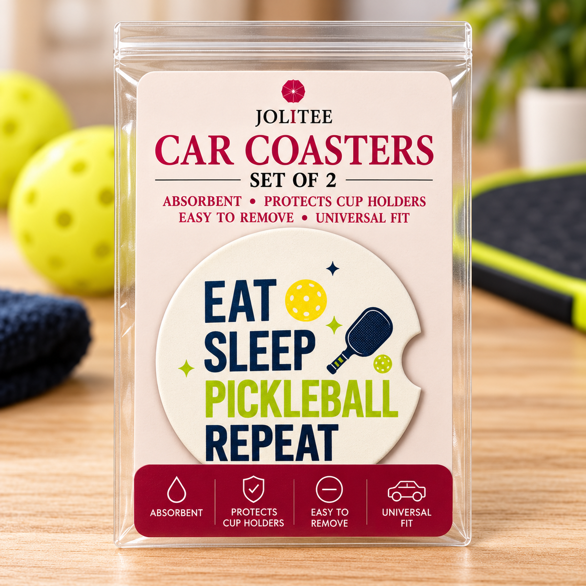 Jolitee Playful Pickleball Car Coasters, Absorbent Neoprene Cup Holder Inserts, Set of 2
