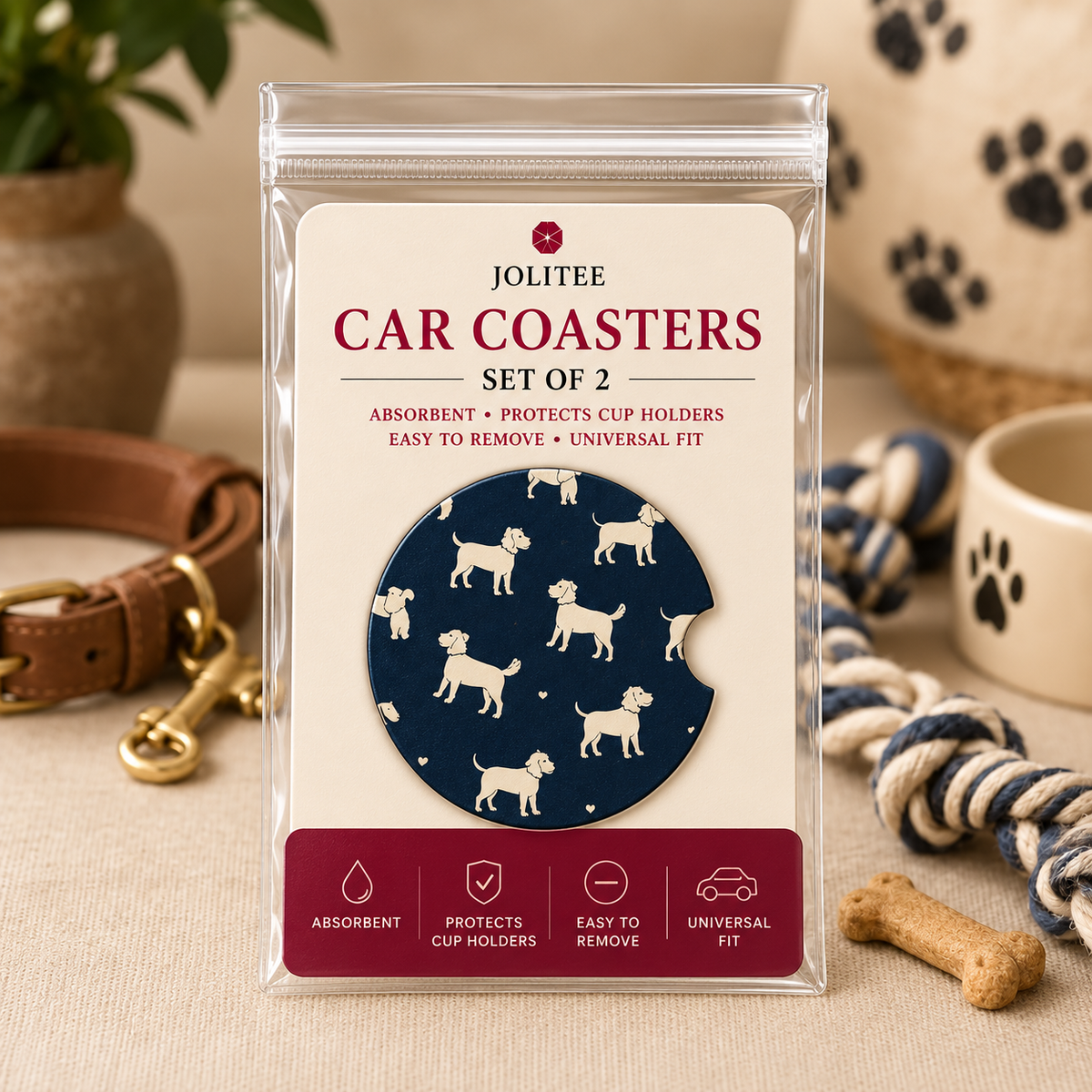 Jolitee Dog Lovers Car Coasters, Absorbent Neoprene Cup Holder