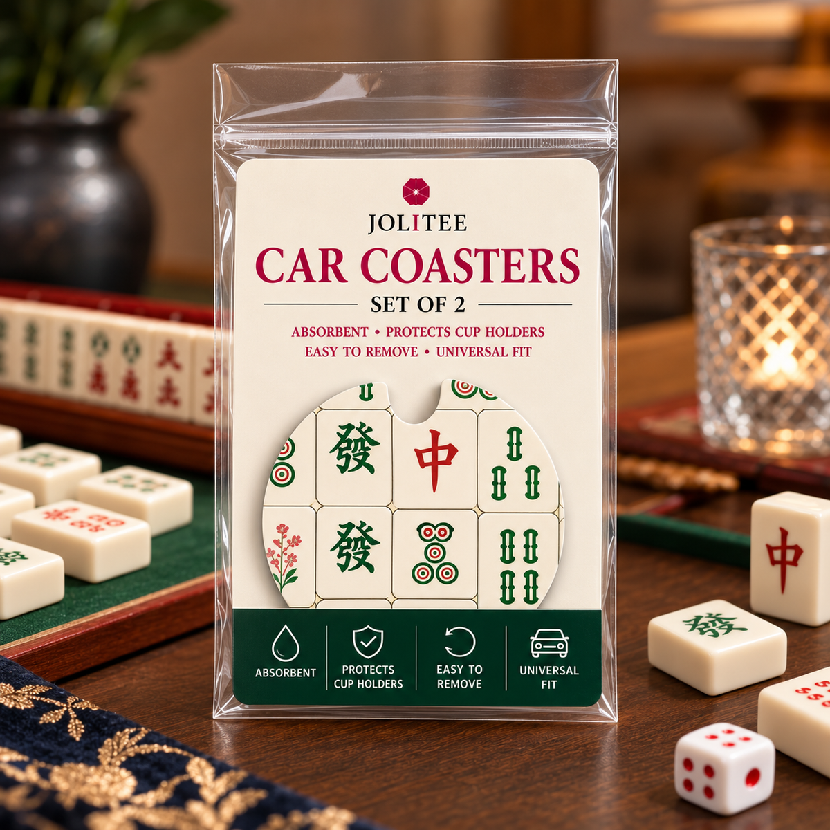 Jolitee Mahjong Car Coasters, Absorbent Neoprene Cup Holder