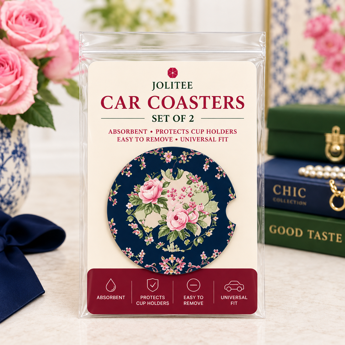 Jolitee Preppy Car Coasters, Absorbent Neoprene Cup Holder